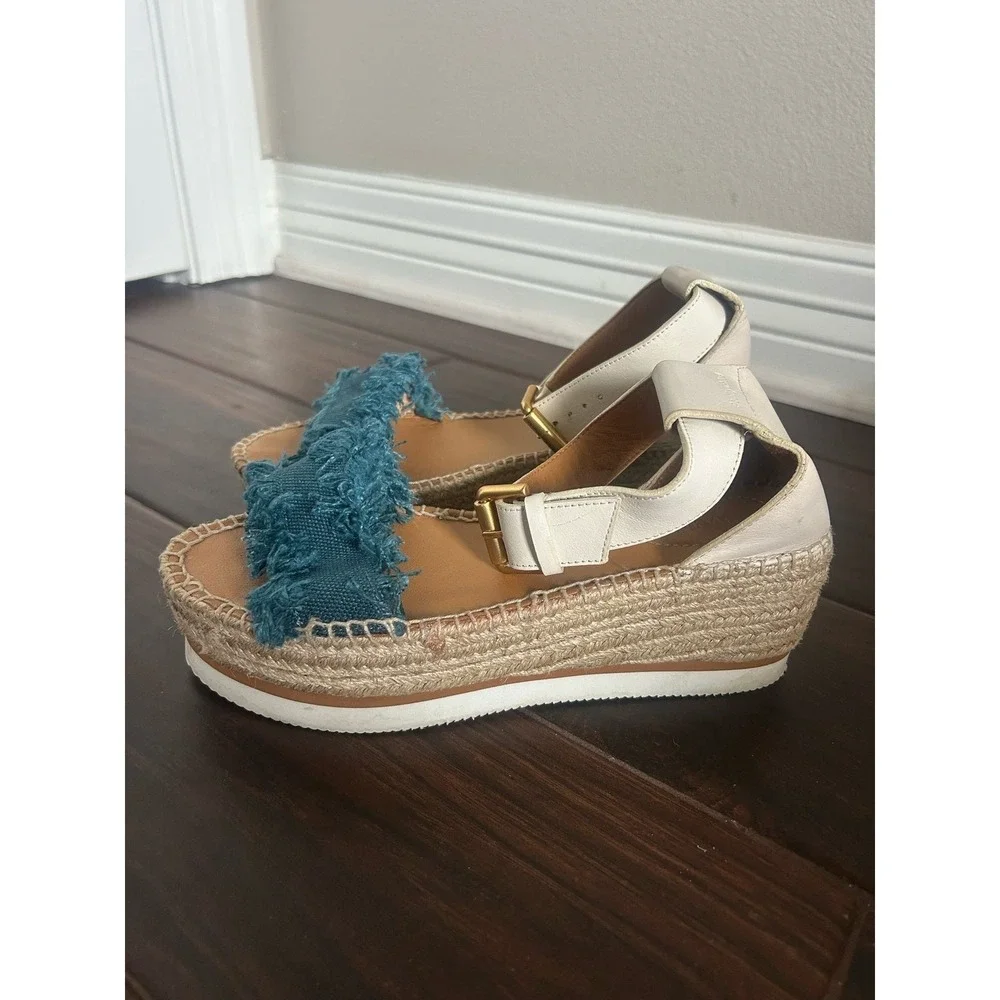 See by Chloe Glyn Denim Ankle Strap Espadrille Wedge Sandals US 8 EU 38350